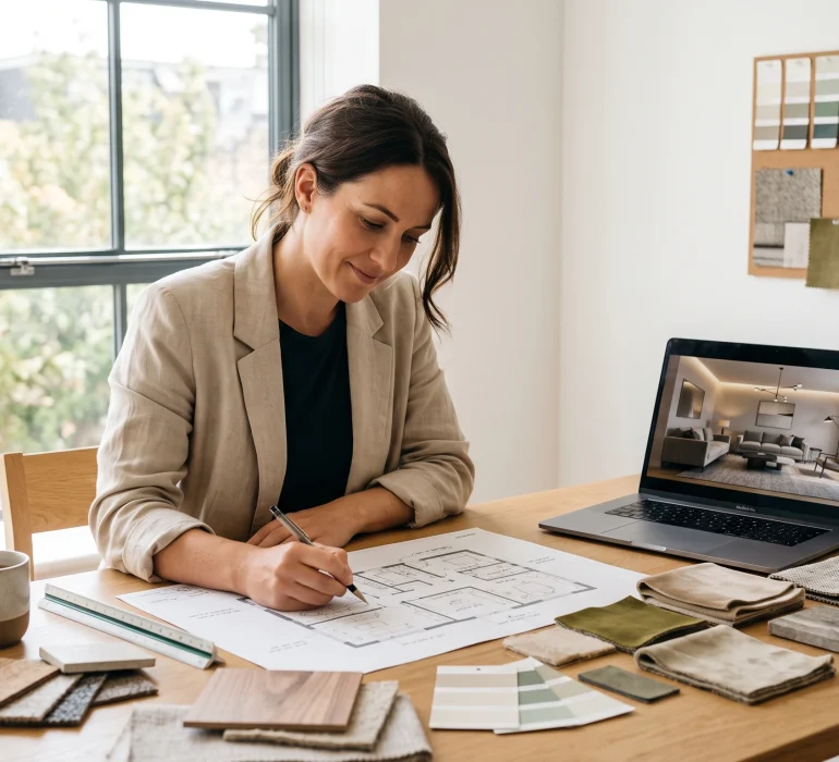 Interior designer working on a residential design project with floor plans and material samples