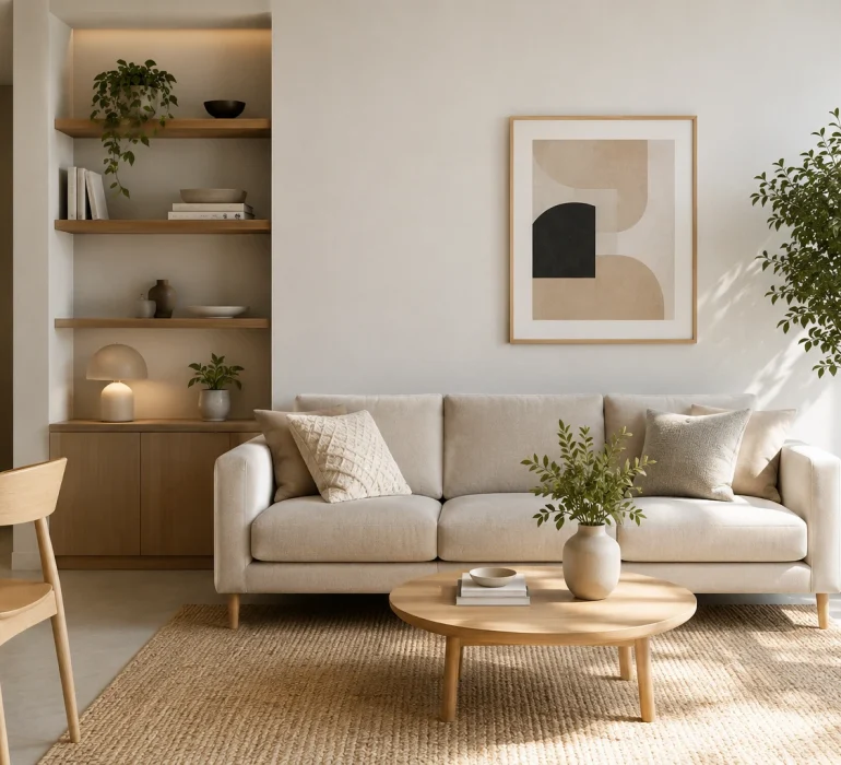 Modern minimalist living room interior design with neutral colors and natural wood