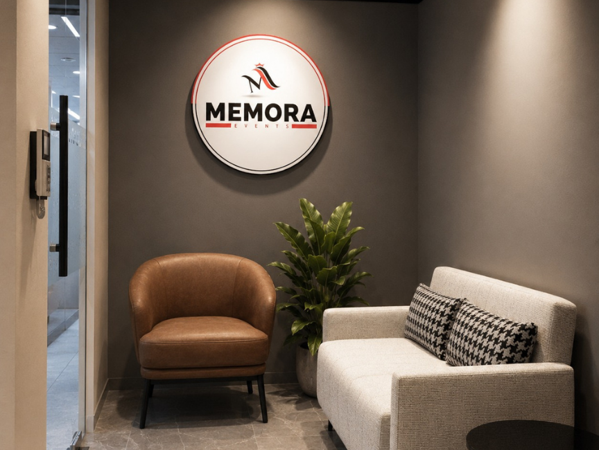 Reception nook with leather tub chair, cream sofa, houndstooth cushions, and a round wall logo sign