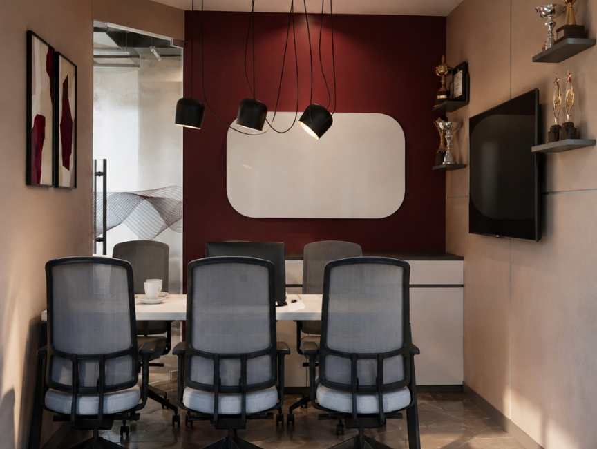 Meeting room with white table, mesh chairs, maroon accent wall, and a rounded whiteboard
