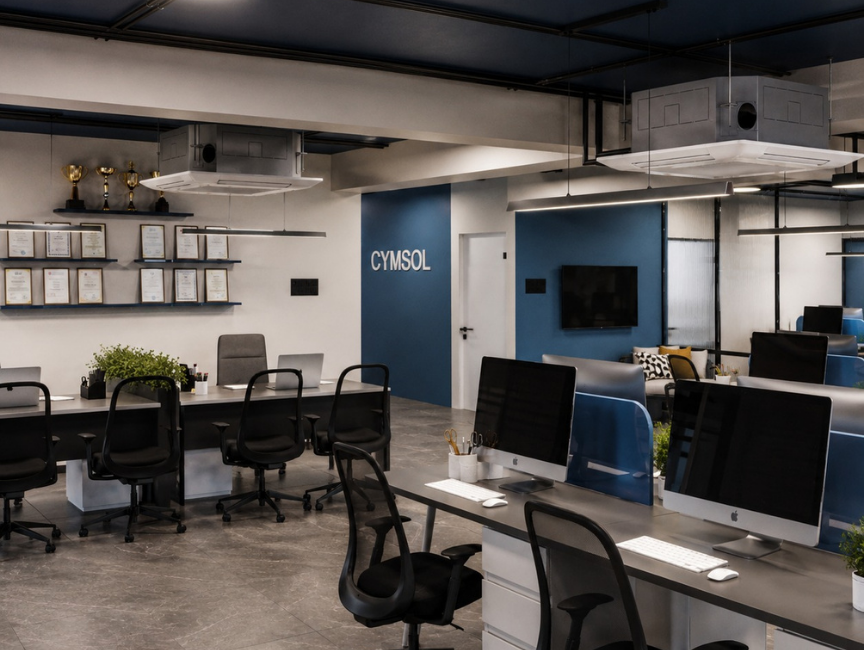 Open-plan office with computer workstations, ergonomic chairs, and a dark blue accent wall